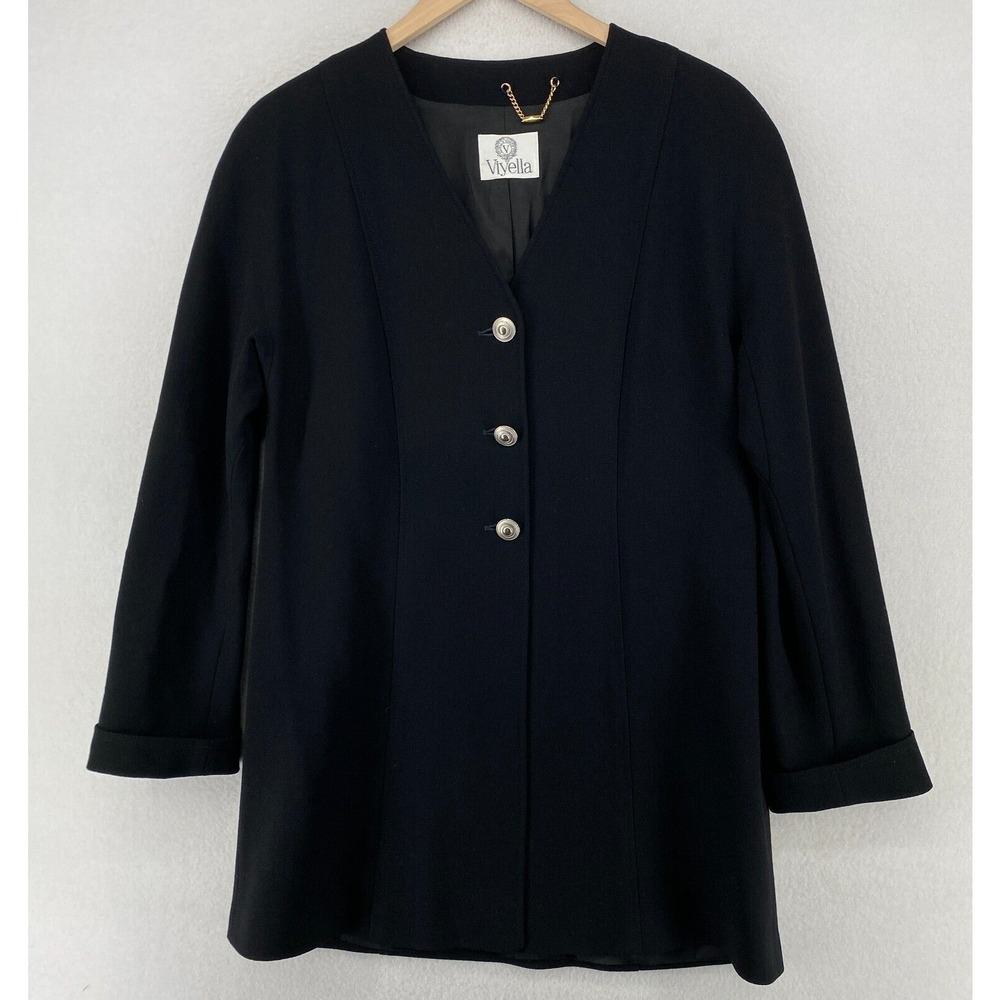 VIYELLA Blazer Women 10 M New Wool Crepe Three Button Collarless Jacket Black